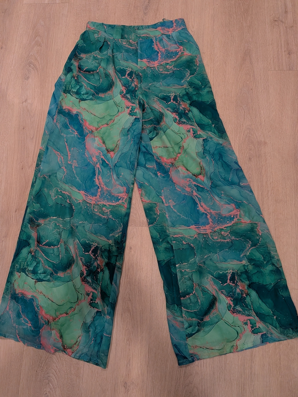 Miss Avenue Teal & Pink Marble-Print Palazzo Pants